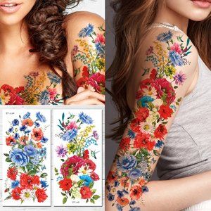 Supperb Temporary Tattoos - Hand drawn Full Arm Colorful Summer Flower Bouquet